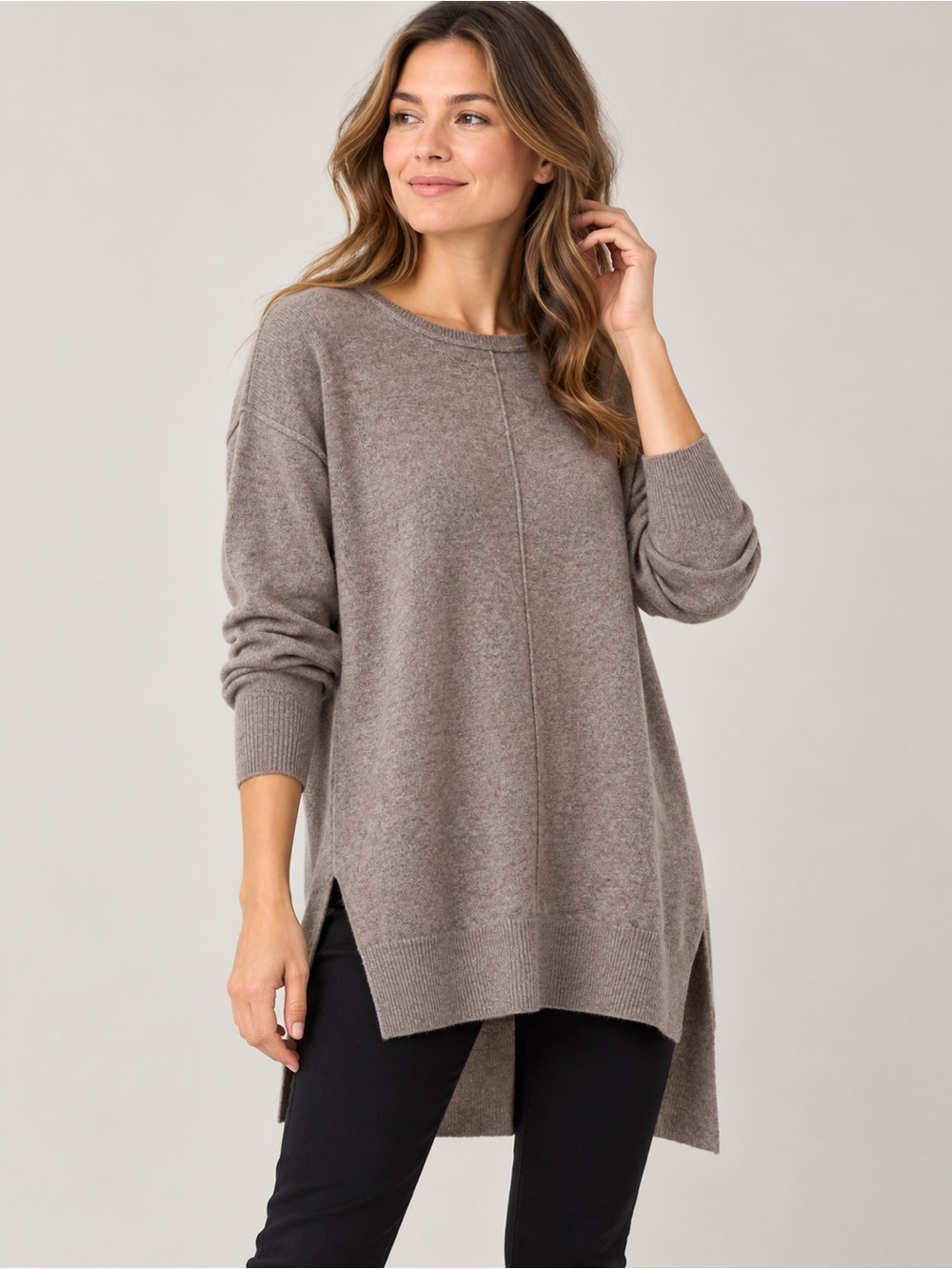 Saks Fifth Avenue 100% Cashmere Tunic Sweater S/P Taupe Casual Comfy Chic Layer